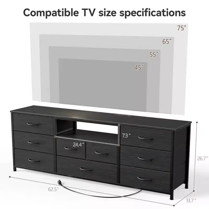 Commode large à 9 tiroirs pour chambre à coucher, coffre de rangement en tissu noir de 160 cm avec lumières LED et prises de courant, adapté pour téléviseur de 190 cm, meuble de rangement pour console média
