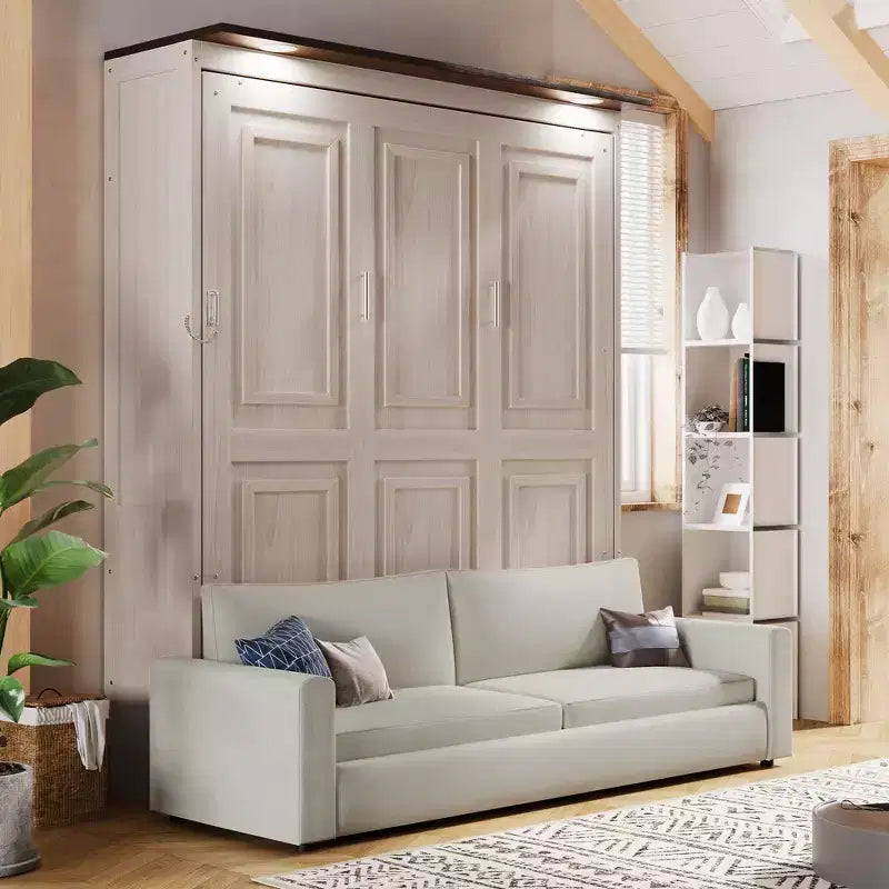 Queen Size Murphy Bed with Sofa, Wooden Queen Cabinet Bed Wall Bed with LED Light, Folding Wall Chest Bed with for Guest Room, Beige