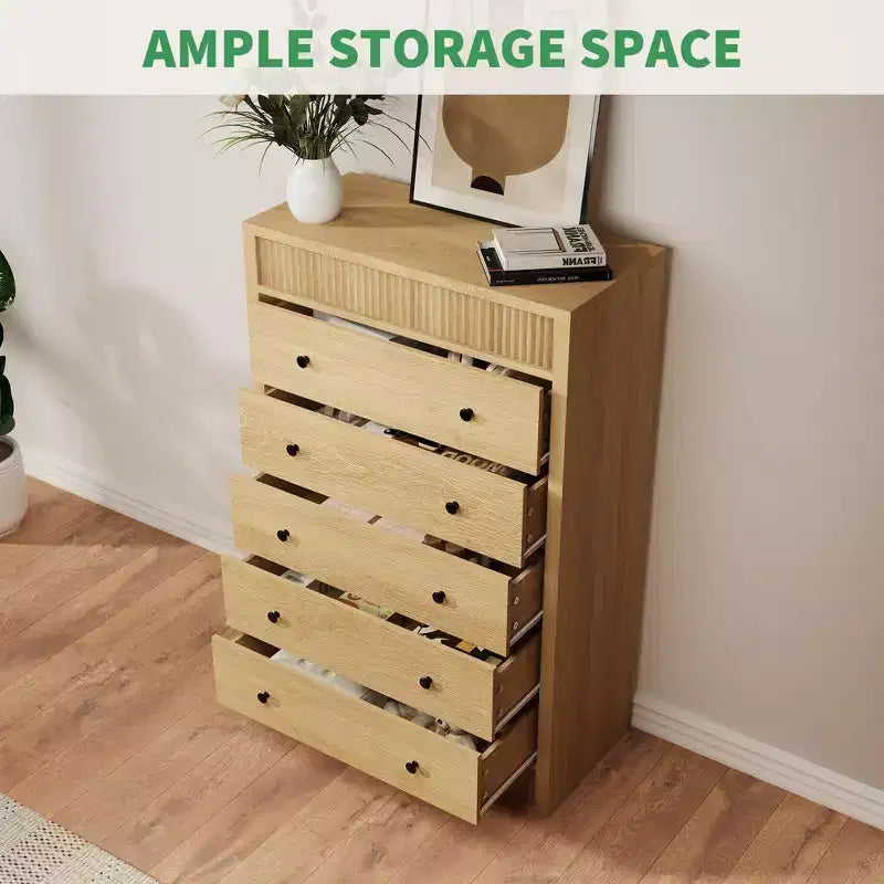 Coolmee Commode Haute 5 Tiroirs pour Chambre, Commode Cannelée de 80 cm de Large, Armoire de Rangement en Bois Moderne pour Chambre d'Enfant, Couloir, Salon