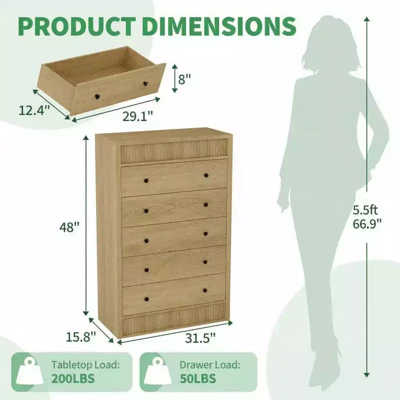Coolmee Commode Haute 5 Tiroirs pour Chambre, Commode Cannelée de 80 cm de Large, Armoire de Rangement en Bois Moderne pour Chambre d'Enfant, Couloir, Salon