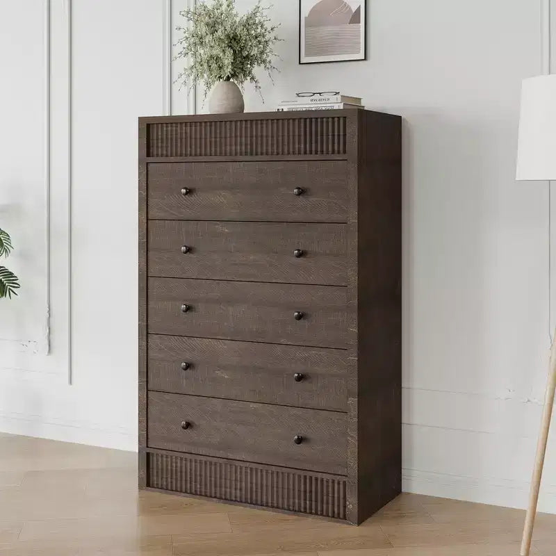 Coolmee 5 Drawer Tall Dresser for Bedroom, 31.5 Wide Fluted Chest of Drawers, Modern Wood Storage Cabinet for Kids Room, Hallway, Living Room