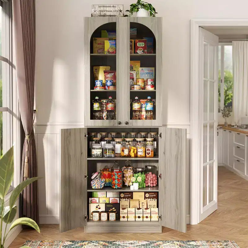 Besiost Armoire de Cuisine Haute 80 cm avec Portes en Verre Trempé, Étagère Indépendante avec Étagères