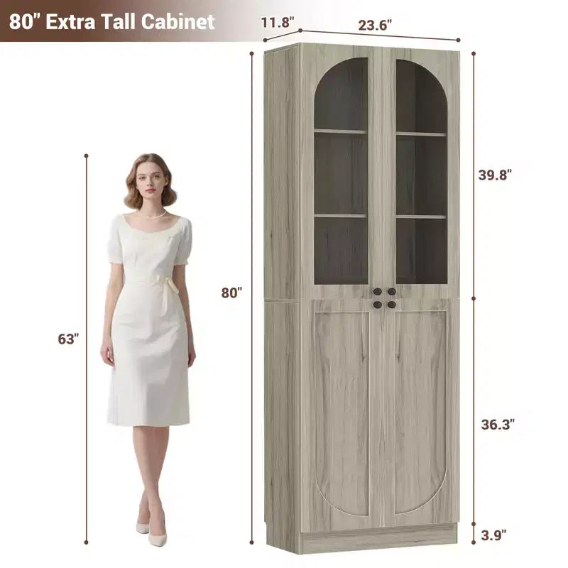Besiost Armoire de Cuisine Haute 80 cm avec Portes en Verre Trempé, Étagère Indépendante avec Étagères