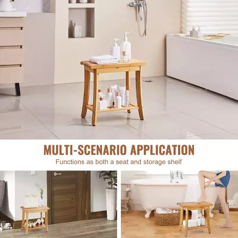 Banc de douche en bambou, 48,5 x 28,7 x 46,5 cm, tabouret de douche étanche avec étagère de rangement, siège de bain de 150 kg pour intérieur et extérieur