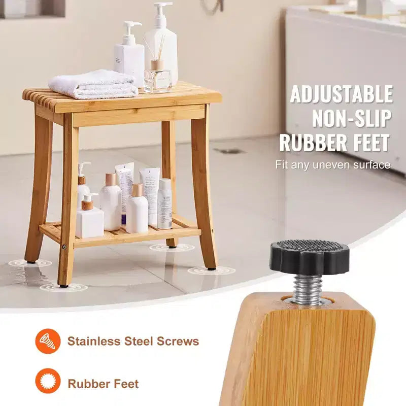 Banc de douche en bambou, 48,5 x 28,7 x 46,5 cm, tabouret de douche étanche avec étagère de rangement, siège de bain de 150 kg pour intérieur et extérieur