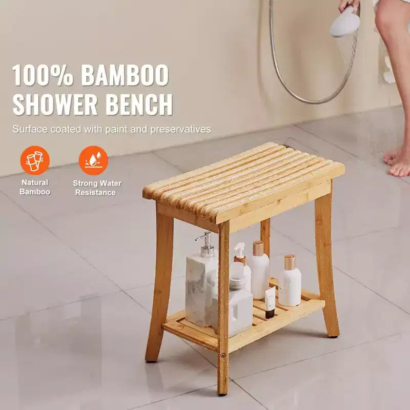 Banc de douche en bambou, 48,5 x 28,7 x 46,5 cm, tabouret de douche étanche avec étagère de rangement, siège de bain de 150 kg pour intérieur et extérieur