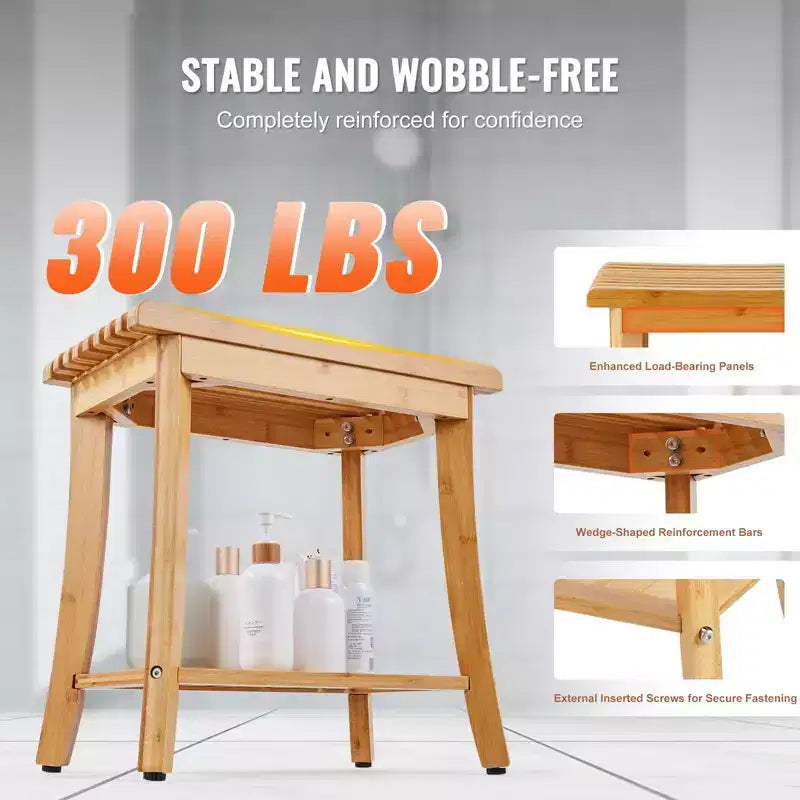Banc de douche en bambou, 48,5 x 28,7 x 46,5 cm, tabouret de douche étanche avec étagère de rangement, siège de bain de 150 kg pour intérieur et extérieur