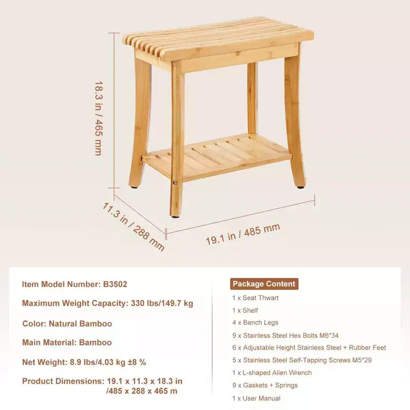 Banc de douche en bambou, 48,5 x 28,7 x 46,5 cm, tabouret de douche étanche avec étagère de rangement, siège de bain de 150 kg pour intérieur et extérieur