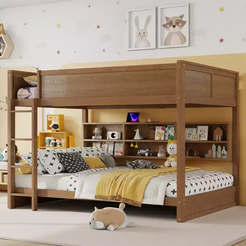 Lit superposé Queen sur Queen avec armoires de rangement, cadre de lit superposé en bois Queen avec station de charge pour enfants et adolescents