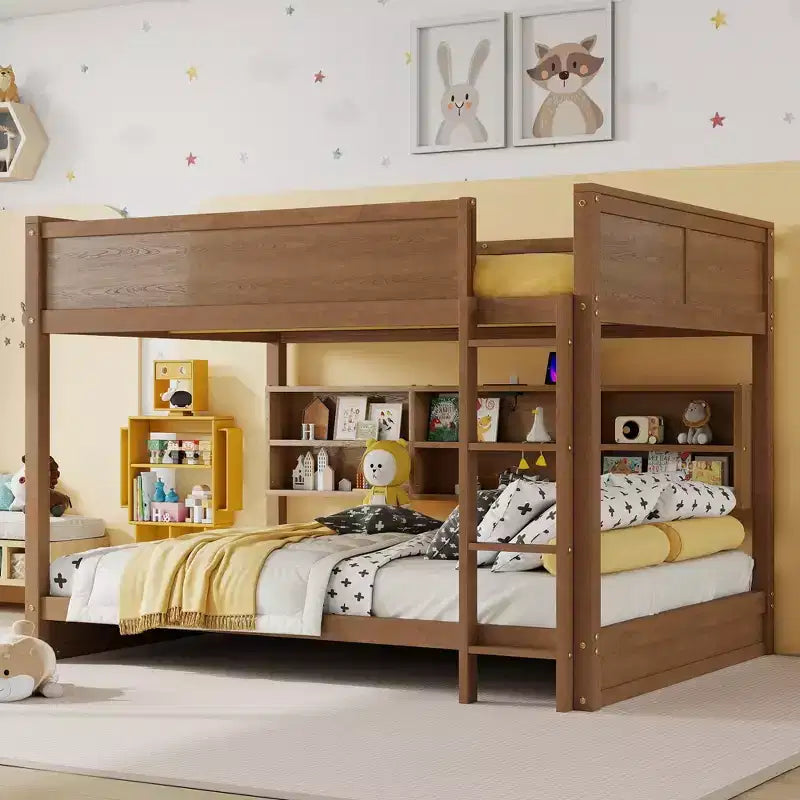 Lit superposé Queen sur Queen avec armoires de rangement, cadre de lit superposé en bois Queen avec station de charge pour enfants et adolescents