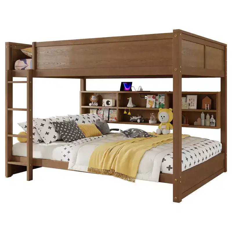 Lit superposé Queen sur Queen avec armoires de rangement, cadre de lit superposé en bois Queen avec station de charge pour enfants et adolescents