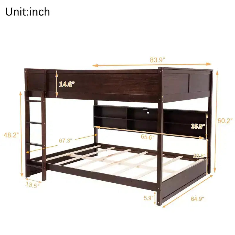 Lit superposé Queen sur Queen avec armoires de rangement, cadre de lit superposé en bois Queen avec station de charge pour enfants et adolescents