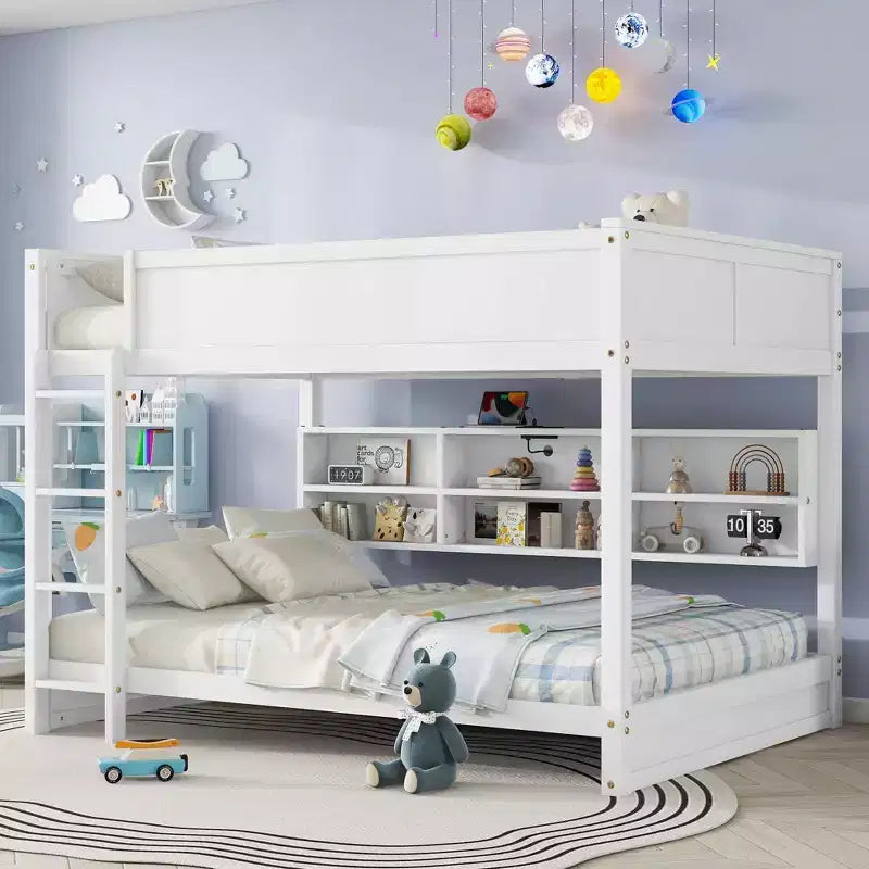 Lit superposé Queen sur Queen avec armoires de rangement, cadre de lit superposé en bois Queen avec station de charge pour enfants et adolescents