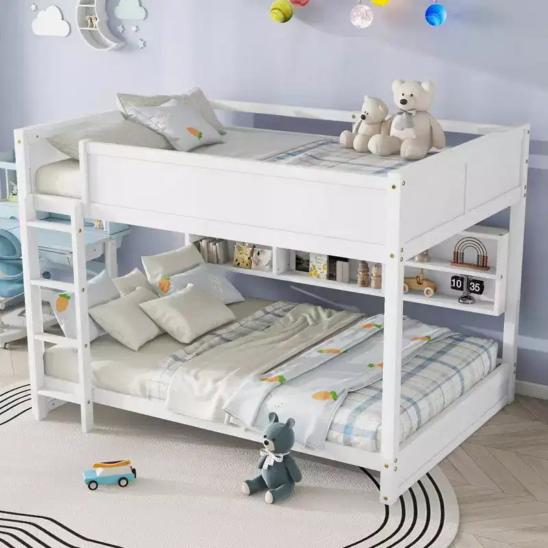 Lit superposé Queen sur Queen avec armoires de rangement, cadre de lit superposé en bois Queen avec station de charge pour enfants et adolescents