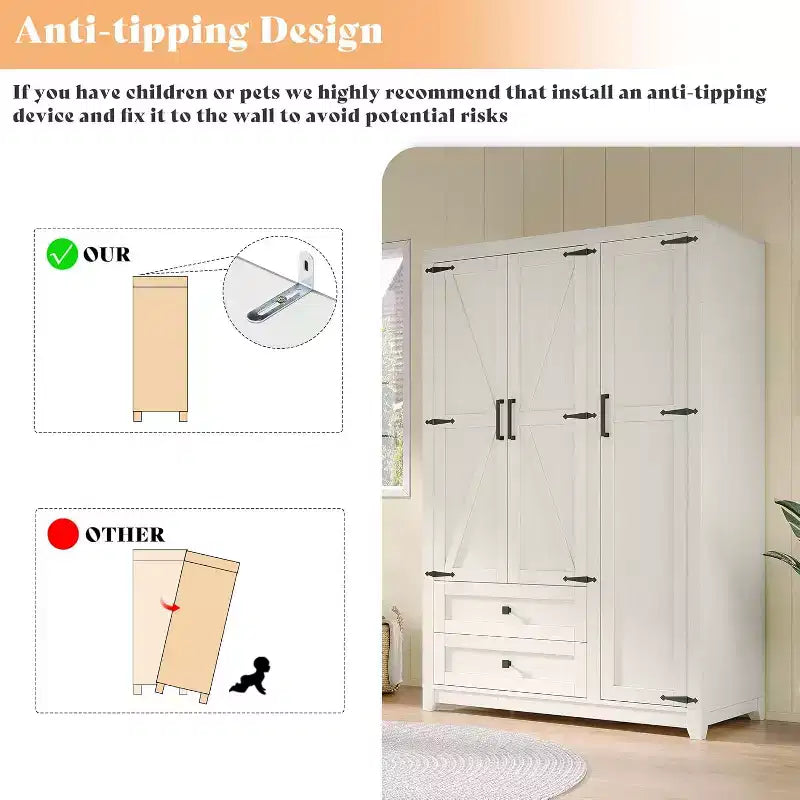 AMERLIFE Armoire de garde-robe de ferme 47 avec 3 portes, 2 tiroirs, tringle à vêtements et étagères réglables, organisateur de placard autoportant