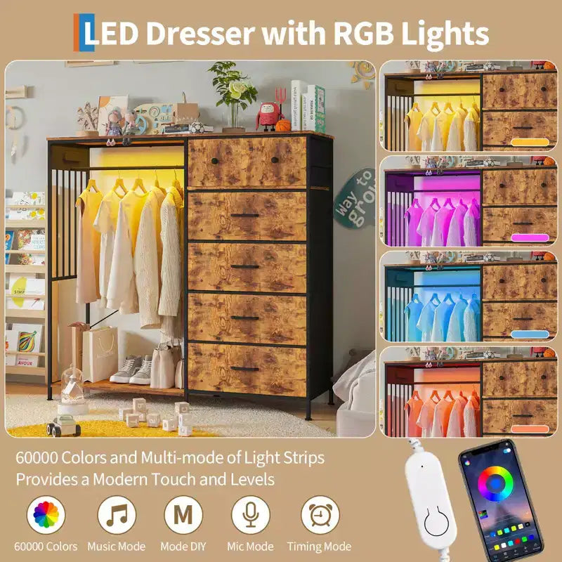 Commode 125 cm avec tringle et lumières, tour de rangement à 6 tiroirs avec station de charge et plateau en bois réversible pour chambre à coucher