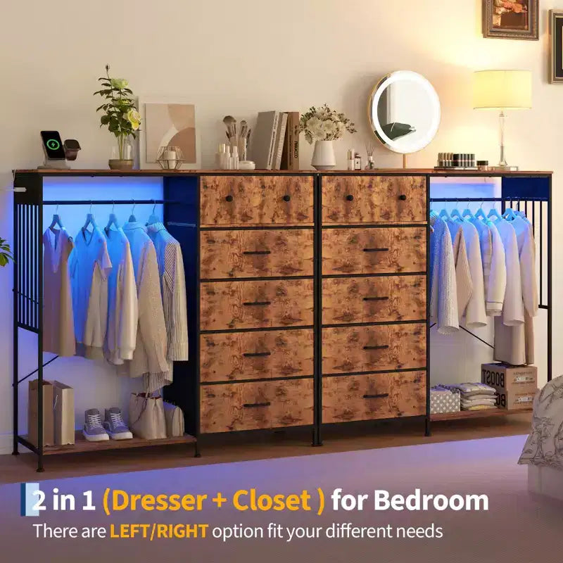 Commode 125 cm avec tringle et lumières, tour de rangement à 6 tiroirs avec station de charge et plateau en bois réversible pour chambre à coucher