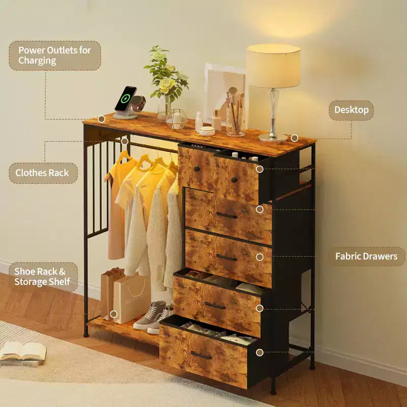 Commode 125 cm avec tringle et lumières, tour de rangement à 6 tiroirs avec station de charge et plateau en bois réversible pour chambre à coucher