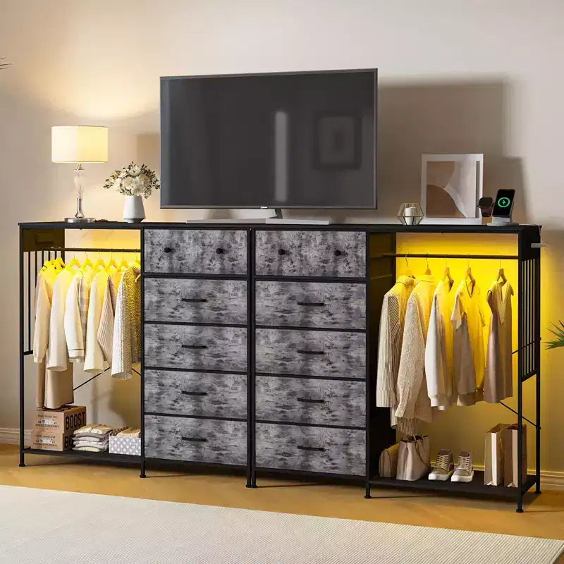 Commode 125 cm avec tringle et lumières, tour de rangement à 6 tiroirs avec station de charge et plateau en bois réversible pour chambre à coucher