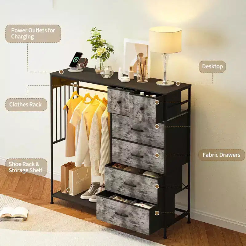 Commode 125 cm avec tringle et lumières, tour de rangement à 6 tiroirs avec station de charge et plateau en bois réversible pour chambre à coucher