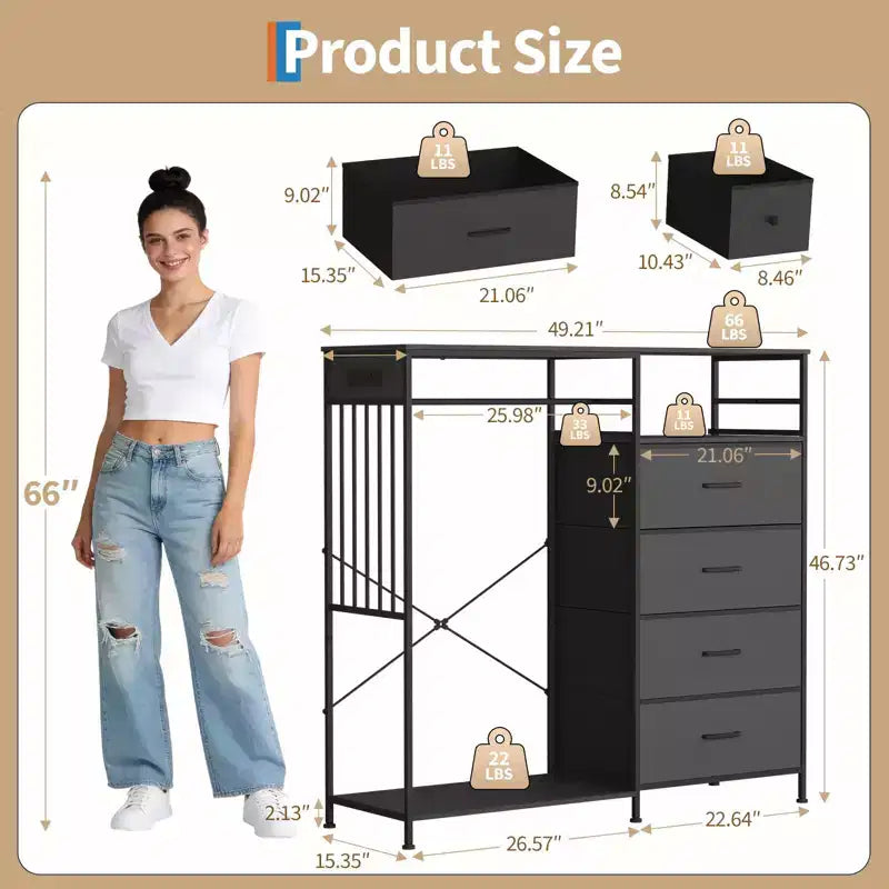 Commode 125 cm avec tringle et lumières, tour de rangement à 6 tiroirs avec station de charge et plateau en bois réversible pour chambre à coucher
