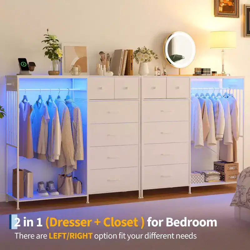 Commode 125 cm avec tringle et lumières, tour de rangement à 6 tiroirs avec station de charge et plateau en bois réversible pour chambre à coucher