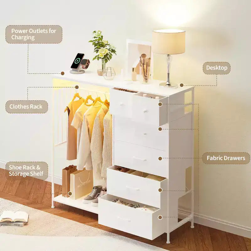 Commode 125 cm avec tringle et lumières, tour de rangement à 6 tiroirs avec station de charge et plateau en bois réversible pour chambre à coucher