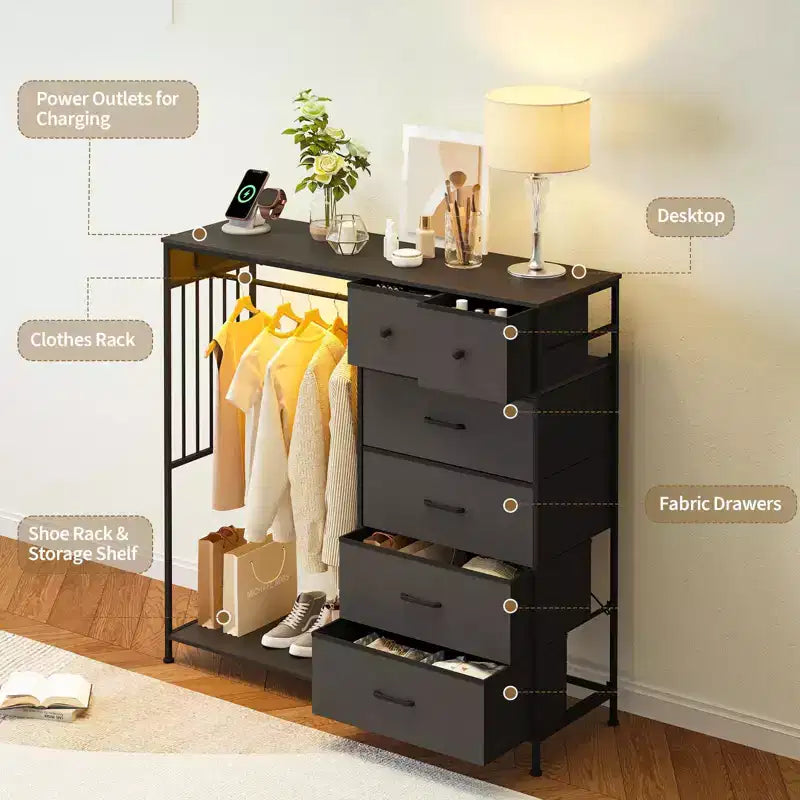 Commode 125 cm avec tringle et lumières, tour de rangement à 6 tiroirs avec station de charge et plateau en bois réversible pour chambre à coucher