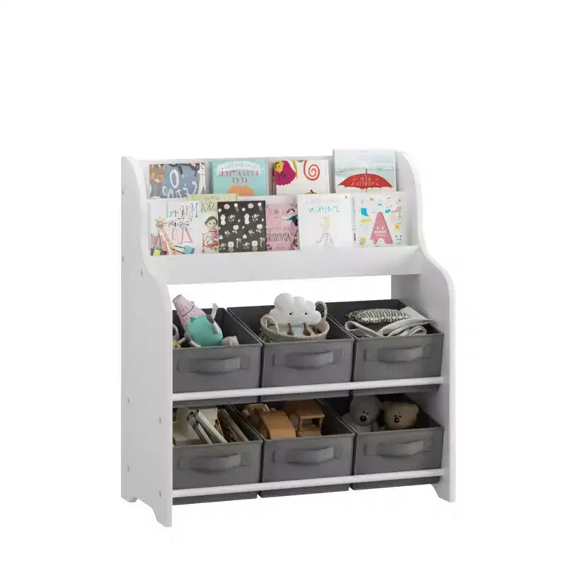 Étagère à Livres pour Enfants avec 6 Bacs en Tissu, Présentoir de Livres et Organisateur de Rangement de Jouets pour Salle de Jeux ou Chambre d'Enfant, Blanc et Gris