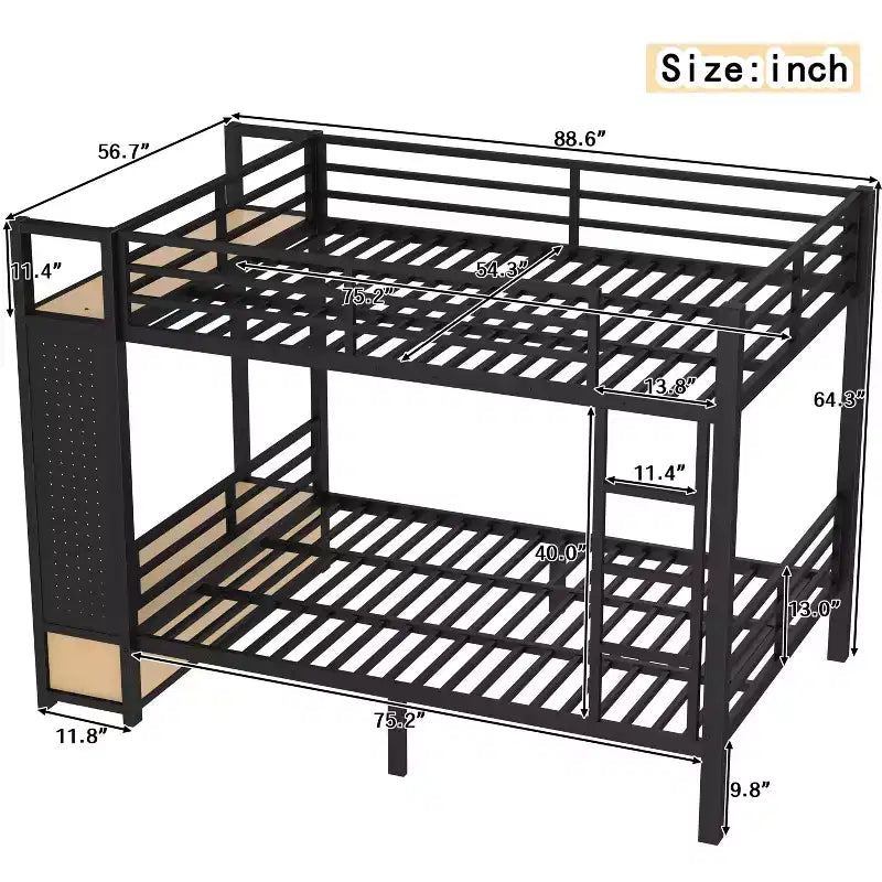 Lit superposé Bellemave avec étagères de rangement et tiroirs, lits superposés en métal avec panneau perforé, sans bruit pour enfants, adolescents et adultes