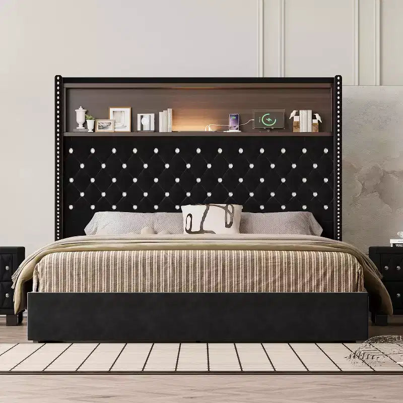 MAYEERTY Queen Size Velvet Tufted Bed with Port Night Light 52 HIgh Headboard with Rivet Decor Headboard Shelf for Bedroom Black
