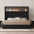 MAYEERTY Queen Size Velvet Tufted Bed with Port Night Light 52 HIgh Headboard with Rivet Decor Headboard Shelf for Bedroom Black