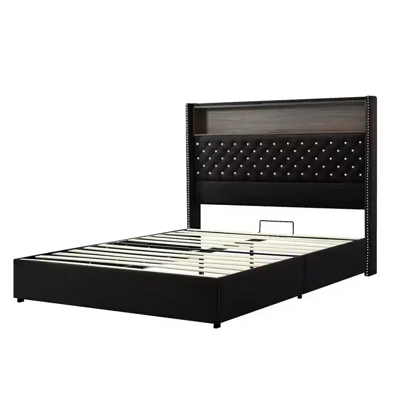Lit capitonné en velours MAYEERTY Queen Size avec veilleuse port USB et tête de lit haute de 52 pouces avec décor de rivets et étagère de tête de lit pour chambre à coucher, noir