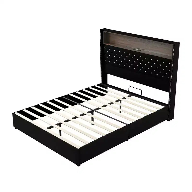 Lit capitonné en velours MAYEERTY Queen Size avec veilleuse port USB et tête de lit haute de 52 pouces avec décor de rivets et étagère de tête de lit pour chambre à coucher, noir