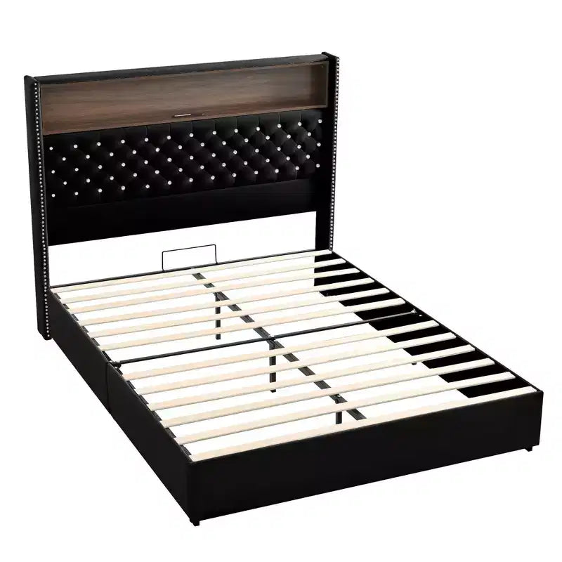 Lit capitonné en velours MAYEERTY Queen Size avec veilleuse port USB et tête de lit haute de 52 pouces avec décor de rivets et étagère de tête de lit pour chambre à coucher, noir