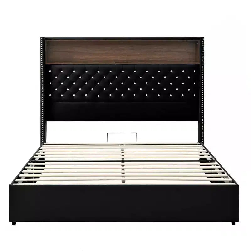 Lit capitonné en velours MAYEERTY Queen Size avec veilleuse port USB et tête de lit haute de 52 pouces avec décor de rivets et étagère de tête de lit pour chambre à coucher, noir