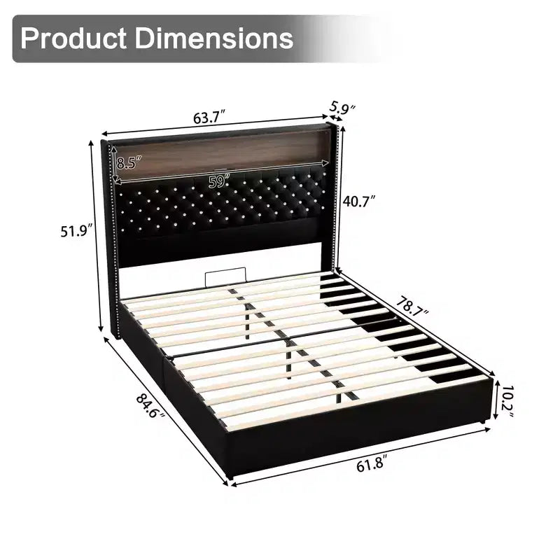 Lit capitonné en velours MAYEERTY Queen Size avec veilleuse port USB et tête de lit haute de 52 pouces avec décor de rivets et étagère de tête de lit pour chambre à coucher, noir