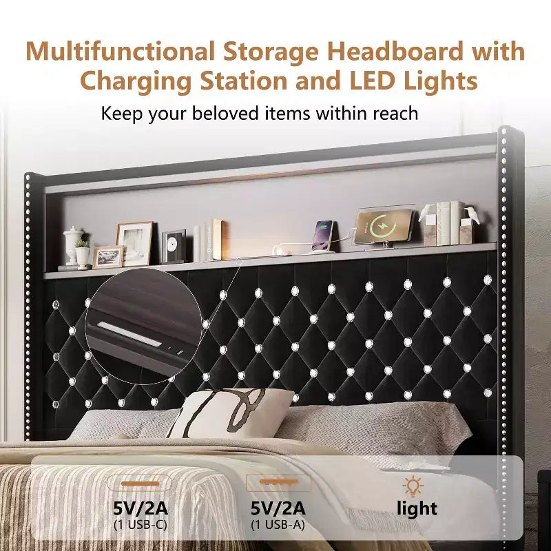 Lit capitonné en velours MAYEERTY Queen Size avec veilleuse port USB et tête de lit haute de 52 pouces avec décor de rivets et étagère de tête de lit pour chambre à coucher, noir