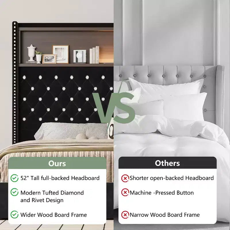 Lit capitonné en velours MAYEERTY Queen Size avec veilleuse port USB et tête de lit haute de 52 pouces avec décor de rivets et étagère de tête de lit pour chambre à coucher, noir
