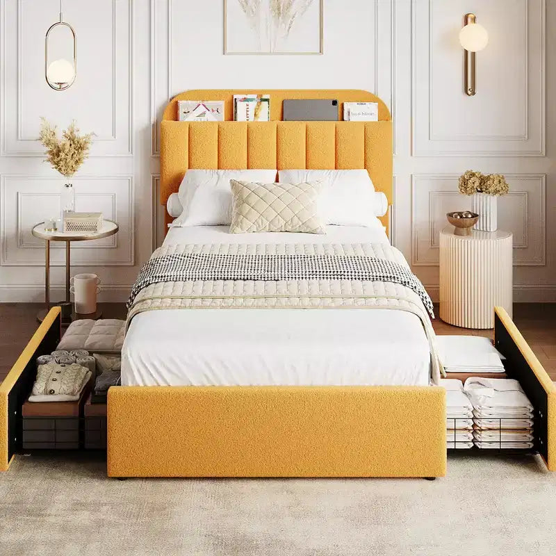 Bed Frame with Storage Headboard, Kids Bed Frame with 2 Drawers, Boucle Upholstered Platform Bed with Bookcase, No Box Spring Needed, Easy Assembly