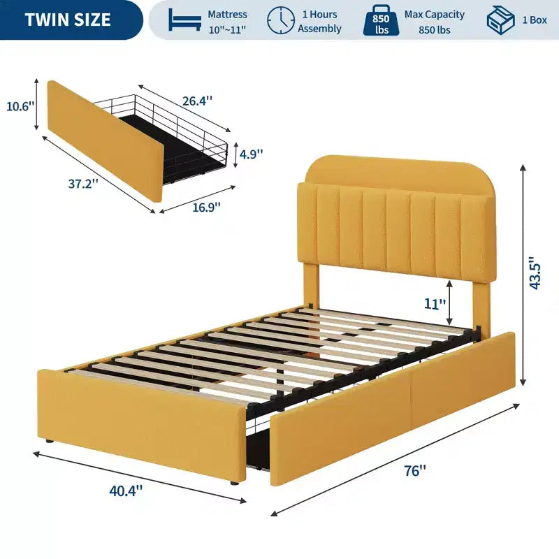 Lit pour enfant avec tête de lit de rangement, lit plateforme rembourré en bouclette avec 2 tiroirs et bibliothèque, aucun sommier tapissier requis, montage facile