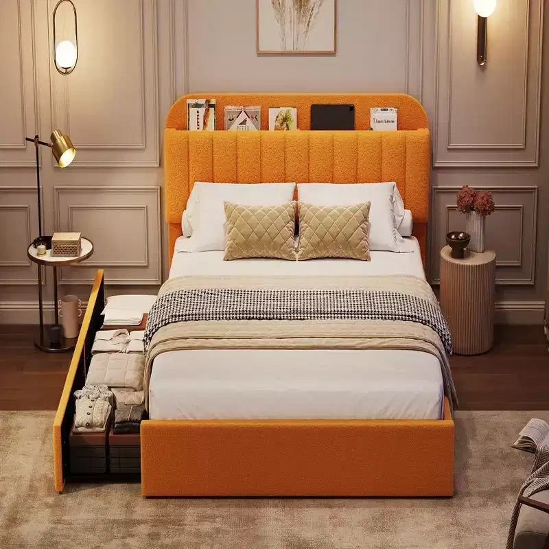 Lit pour enfant avec tête de lit de rangement, lit plateforme rembourré en bouclette avec 2 tiroirs et bibliothèque, aucun sommier tapissier requis, montage facile
