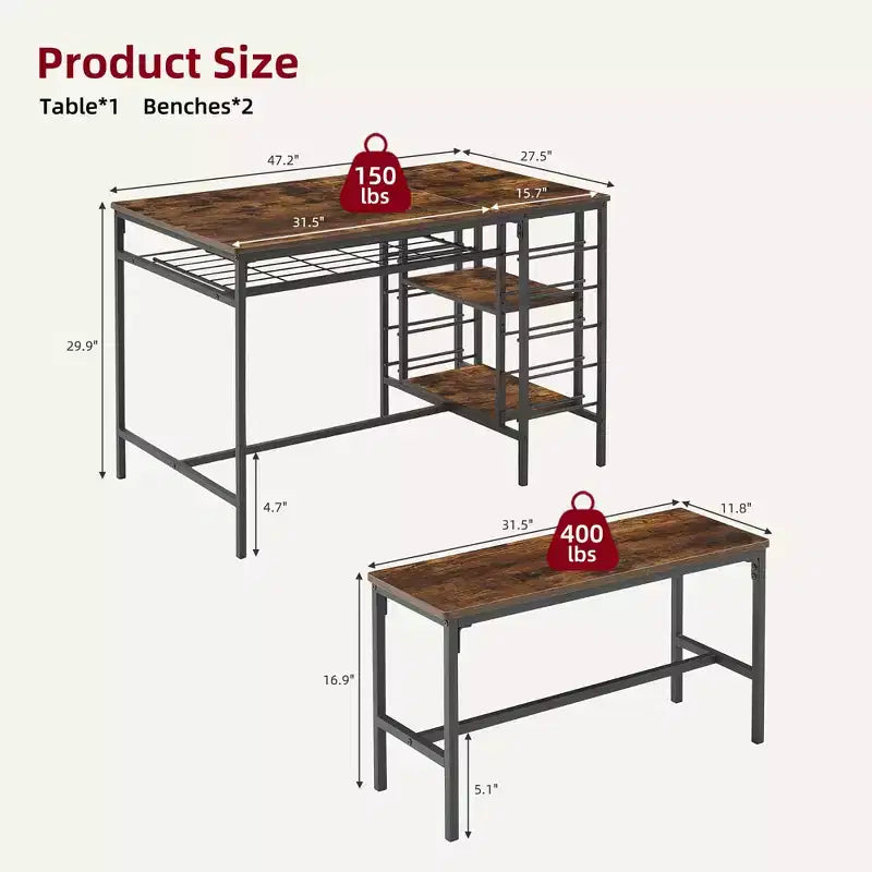 Ensemble de salle à manger 4 places, table de cuisine avec 2 bancs, casier à vin et étagère de rangement, ensemble de table de salle à manger rectangulaire, ensemble de salle à manger 3 pièces
