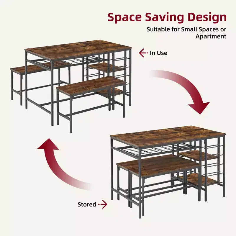 Ensemble de salle à manger 4 places, table de cuisine avec 2 bancs, casier à vin et étagère de rangement, ensemble de table de salle à manger rectangulaire, ensemble de salle à manger 3 pièces