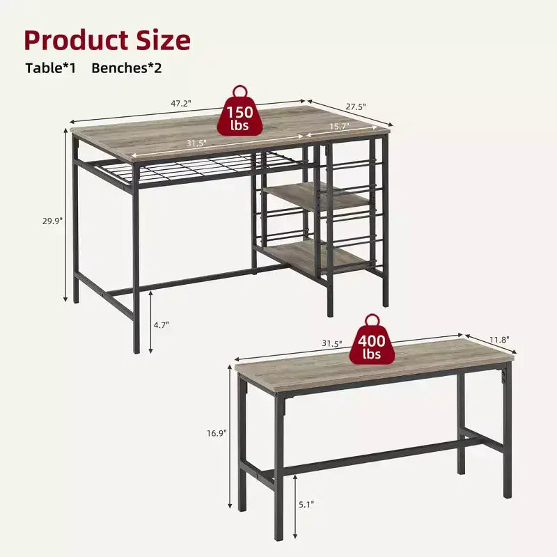 Ensemble de salle à manger 4 places, table de cuisine avec 2 bancs, casier à vin et étagère de rangement, ensemble de table de salle à manger rectangulaire, ensemble de salle à manger 3 pièces