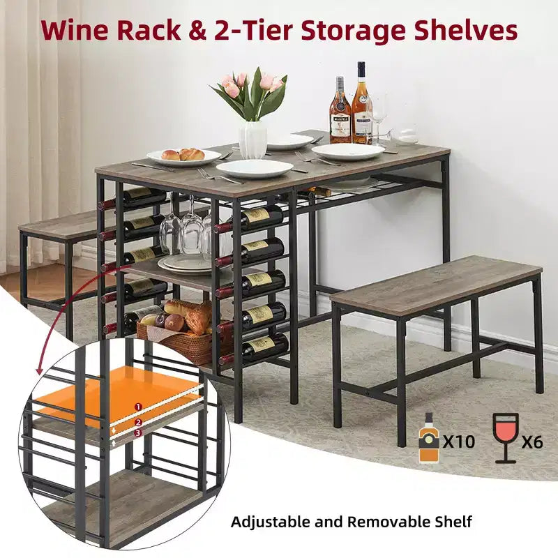 Ensemble de salle à manger 4 places, table de cuisine avec 2 bancs, casier à vin et étagère de rangement, ensemble de table de salle à manger rectangulaire, ensemble de salle à manger 3 pièces