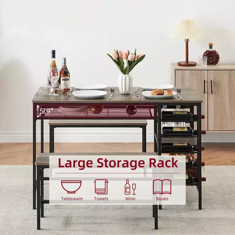 Ensemble de salle à manger 4 places, table de cuisine avec 2 bancs, casier à vin et étagère de rangement, ensemble de table de salle à manger rectangulaire, ensemble de salle à manger 3 pièces