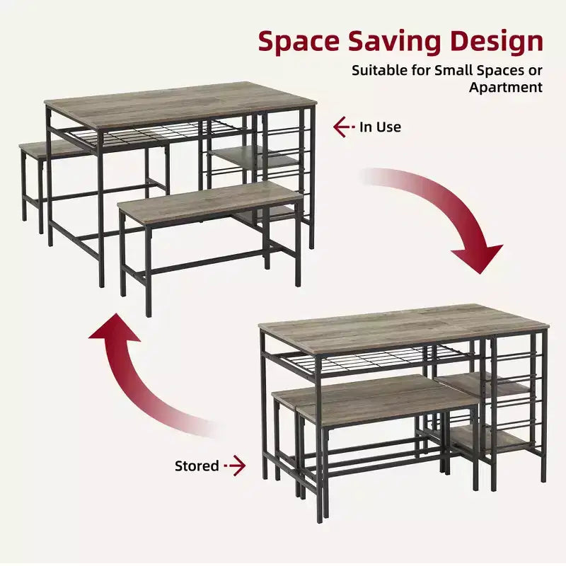 Ensemble de salle à manger 4 places, table de cuisine avec 2 bancs, casier à vin et étagère de rangement, ensemble de table de salle à manger rectangulaire, ensemble de salle à manger 3 pièces