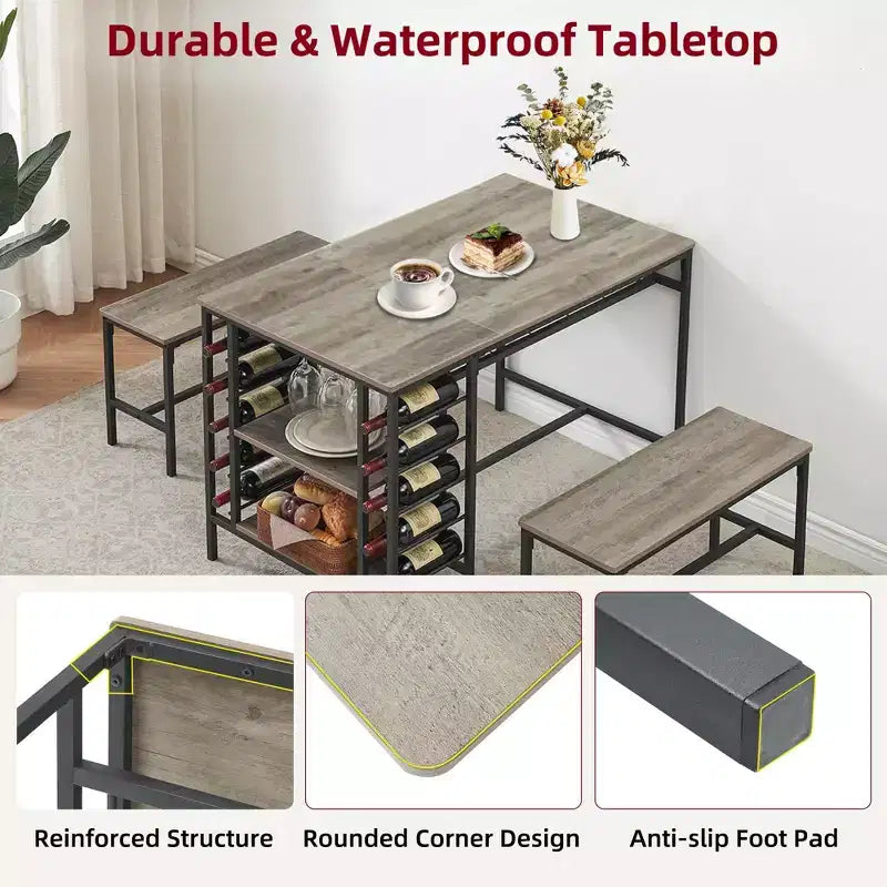 Ensemble de salle à manger 4 places, table de cuisine avec 2 bancs, casier à vin et étagère de rangement, ensemble de table de salle à manger rectangulaire, ensemble de salle à manger 3 pièces