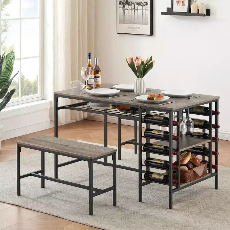 Ensemble de salle à manger 4 places, table de cuisine avec 2 bancs, casier à vin et étagère de rangement, ensemble de table de salle à manger rectangulaire, ensemble de salle à manger 3 pièces